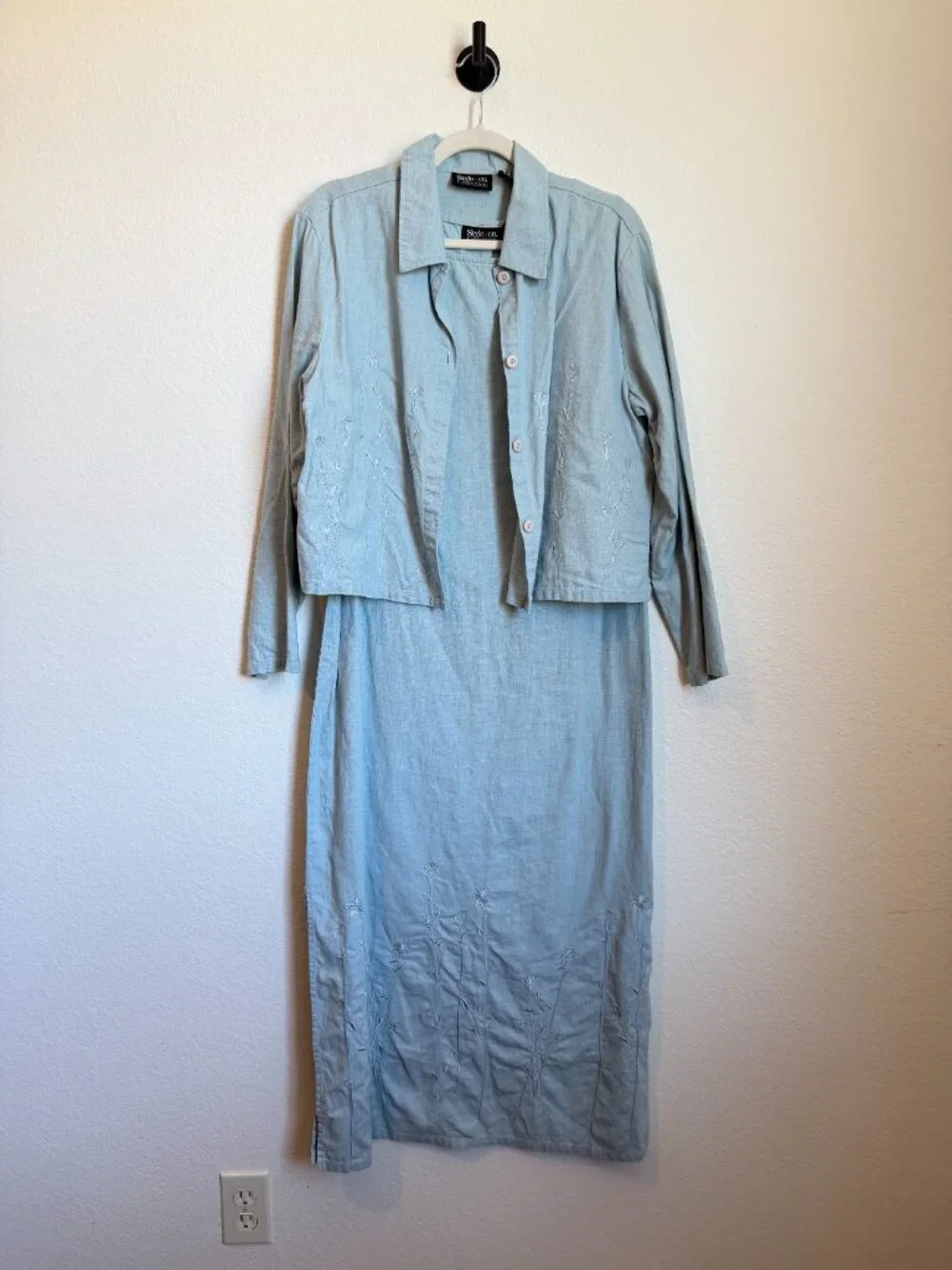Vintage Embroidered Light Blue Linen Cotton Blend Midi Shift Dress and Overshirt
